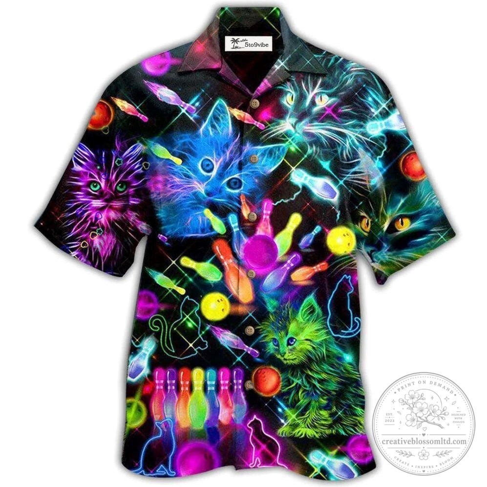 Neon Cats Bowling Hawaiian Shirt for Men and Women