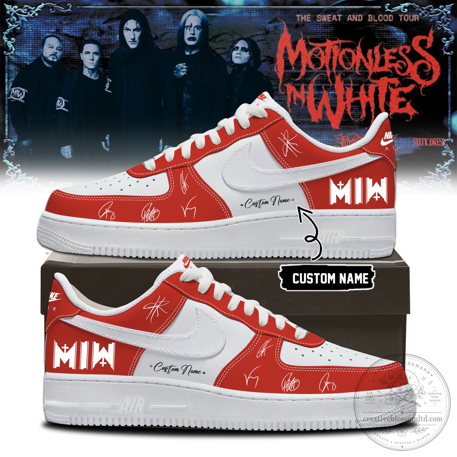 Motionless In White Band Signed Custom Name Red and White Sneakers