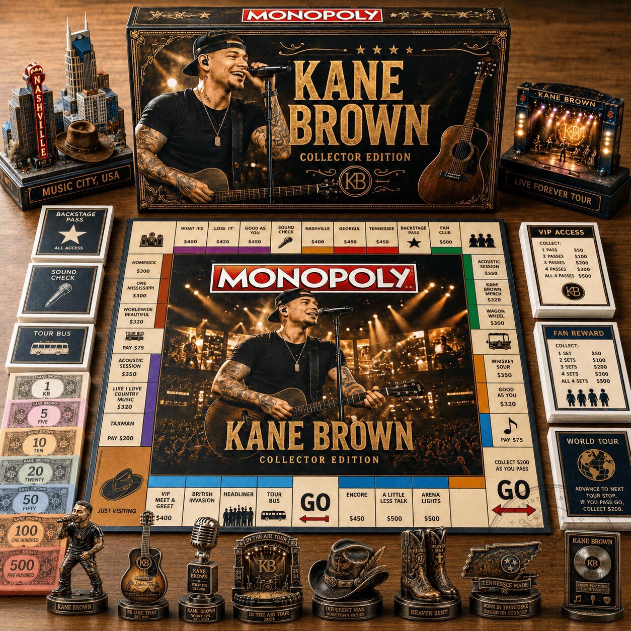 Kane Brown Collector Edition Monopoly Board Game with Custom Tokens and Cards