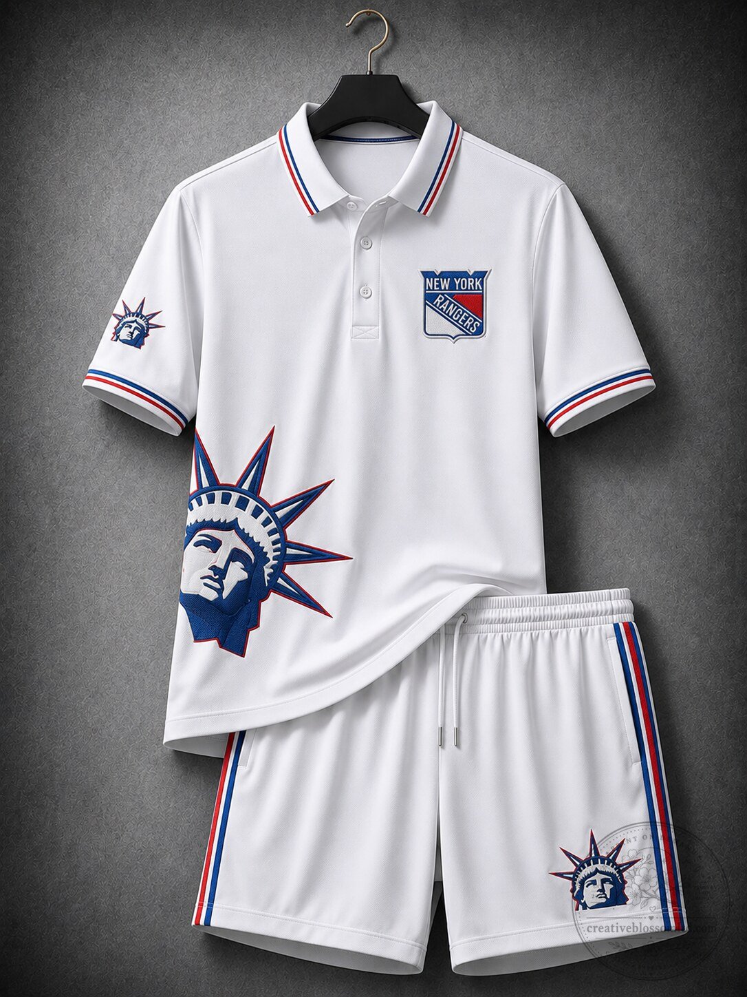 New York Rangers Inspired Cotton-Blend Polo Shirt and Shorts Set – Statue of Liberty Graphic, Sporty Casual Summer Outfit