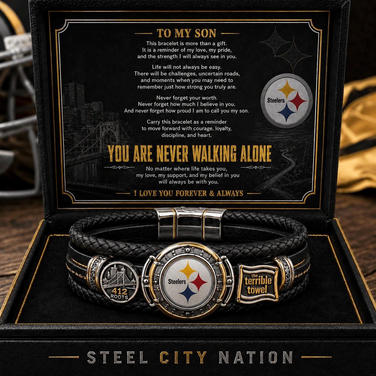 Pittsburgh Steelers Football Team Braided Leather Bracelet for Son