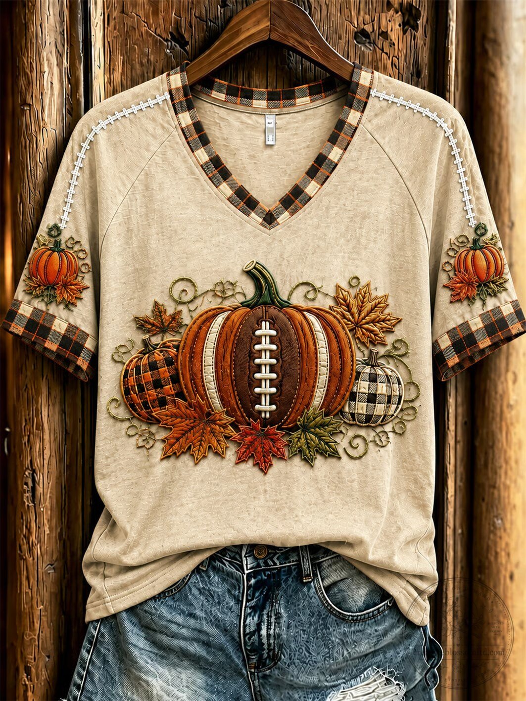 Autumn Pumpkin Football V-Neck Plaid Trim Short Sleeve T-Shirt