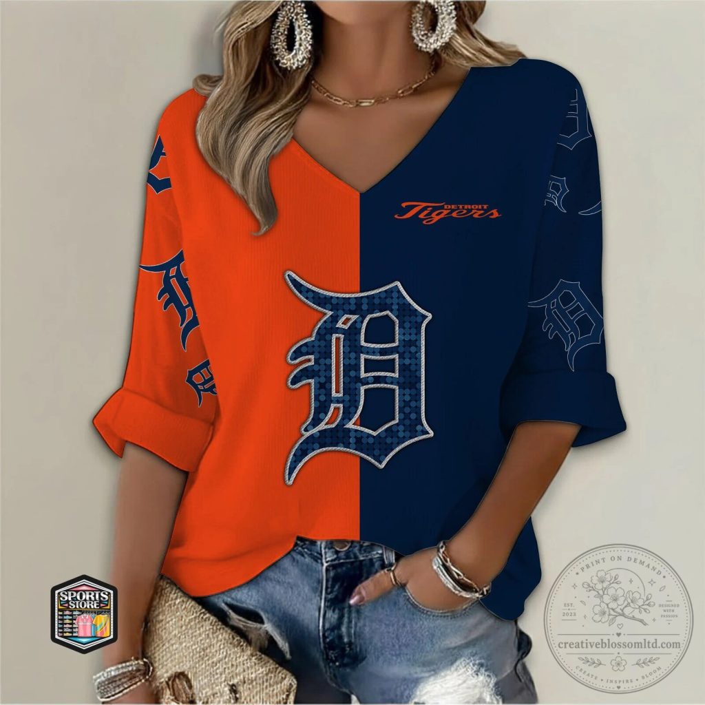 Detroit Tigers Split Orange Blue V-Neck Long Sleeve Shirt for Women Detroit Tigers Split Orange Blue V-Neck Long Sleeve Shirt for Women