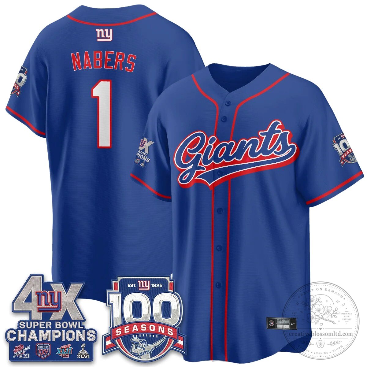 New York Giants Four Times Champions One Hundred Seasons Baseball Jersey