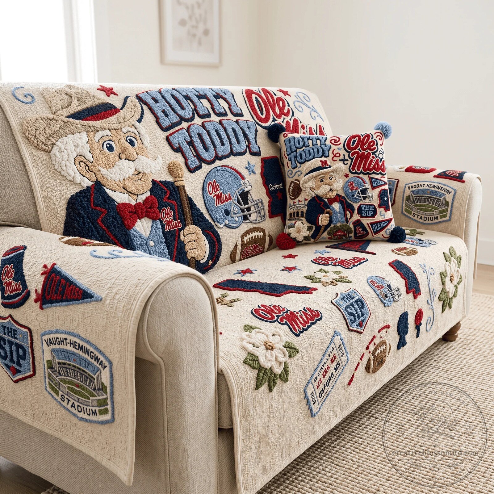 Ole Miss Rebels Colonel Reb Tufted Sofa Cover and Throw Pillow Set