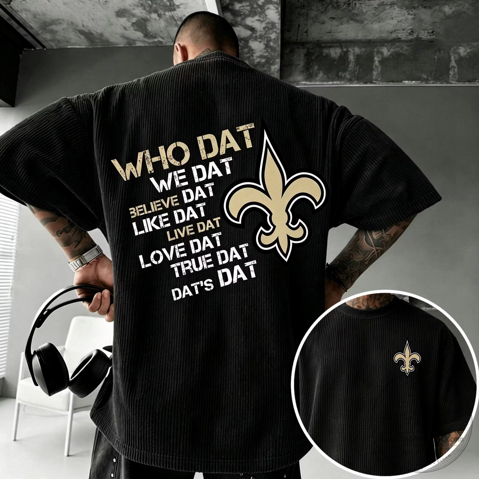 New Orleans Saints Who Dat We Dat Believe Dat Black Corduroy T-Shirt