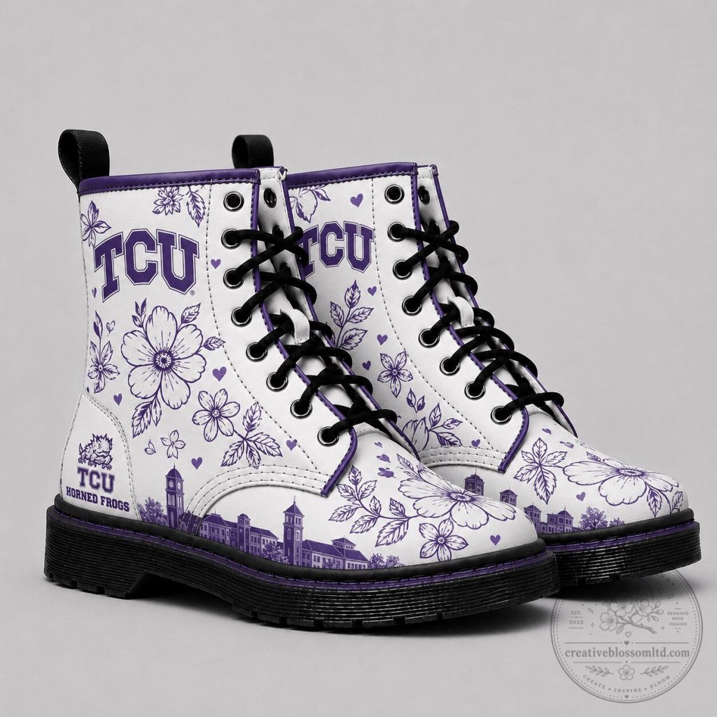 Texas Christian University Horned Frogs Floral Pattern White Combat Boots Texas Christian University Horned Frogs Floral Pattern White Combat Boots