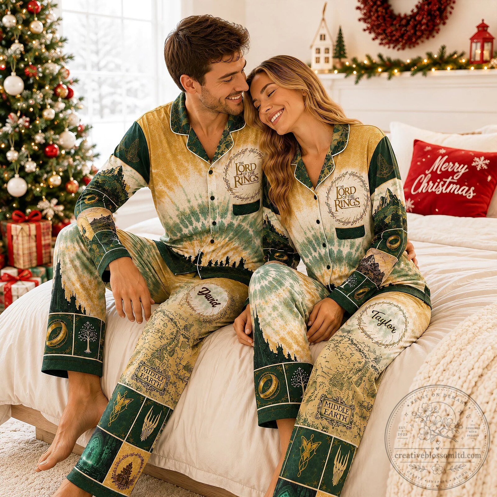 Lord of the Rings Middle Earth Map Tie Dye Matching Couple Pajamas Set