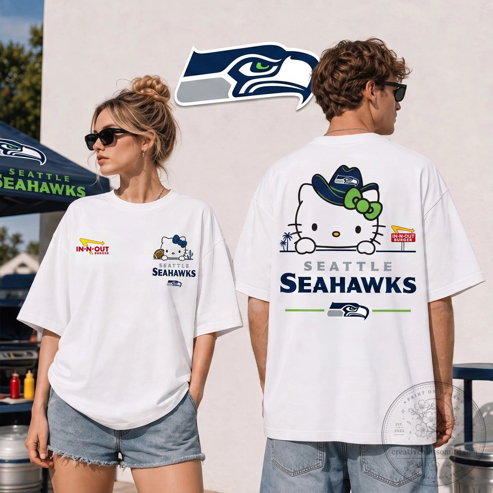Seattle Seahawks Hello Kitty In-N-Out Burger Football Team White T-Shirt