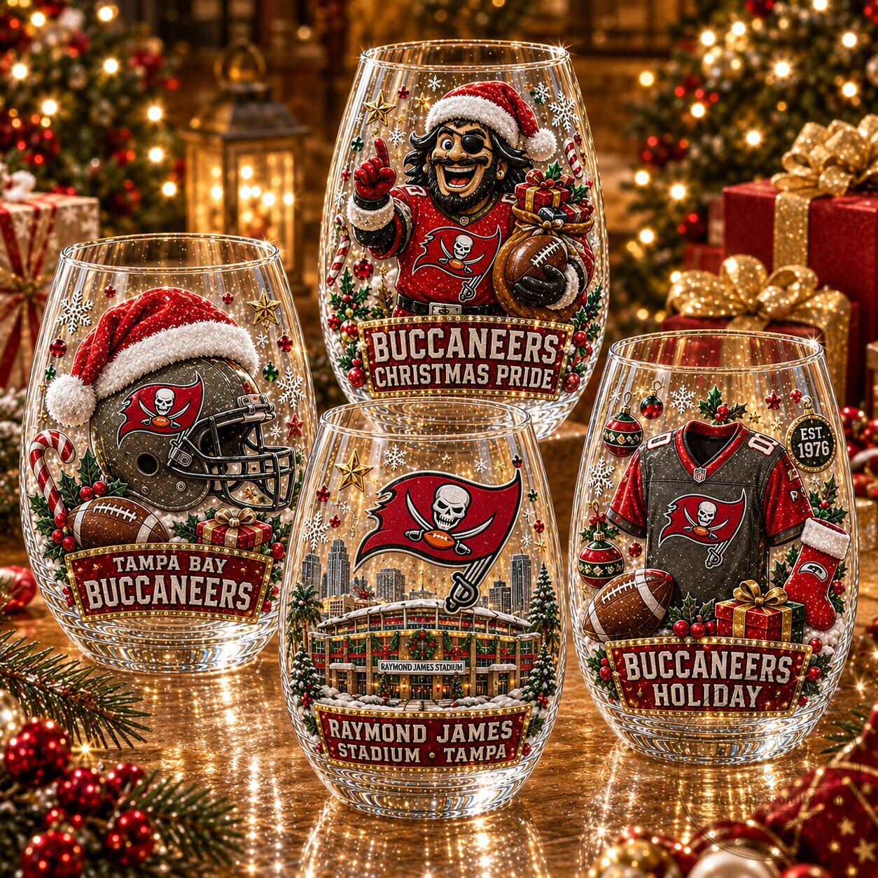 Tampa Bay Buccaneers Christmas Stemless Wine Glasses Set of Four