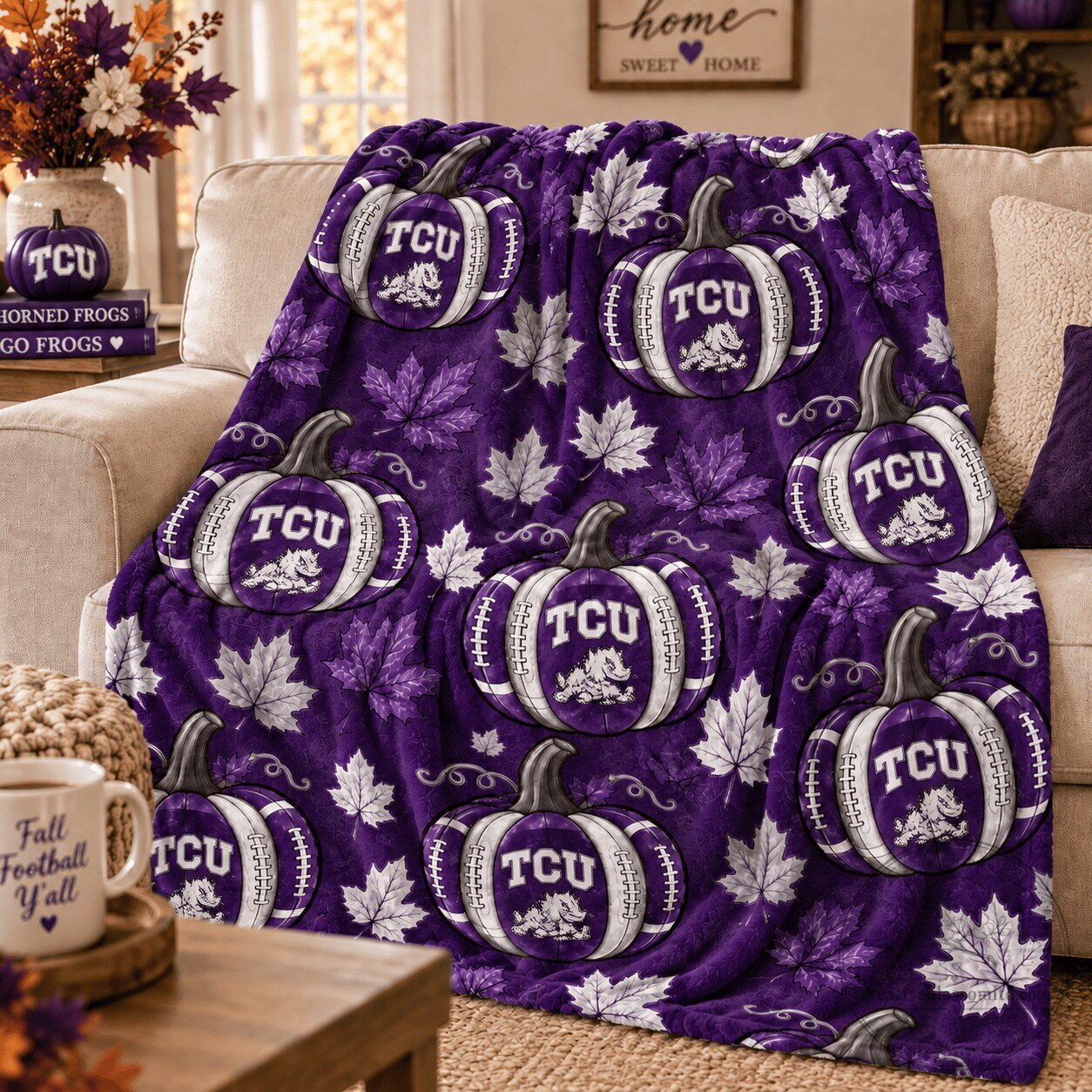Texas Christian University Horned Frogs Football Autumn Pumpkin Fleece Blanket