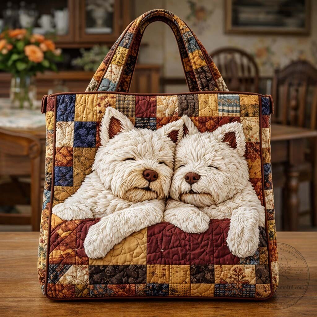 Sleeping West Highland White Terrier Dogs Quilted Tote Bag