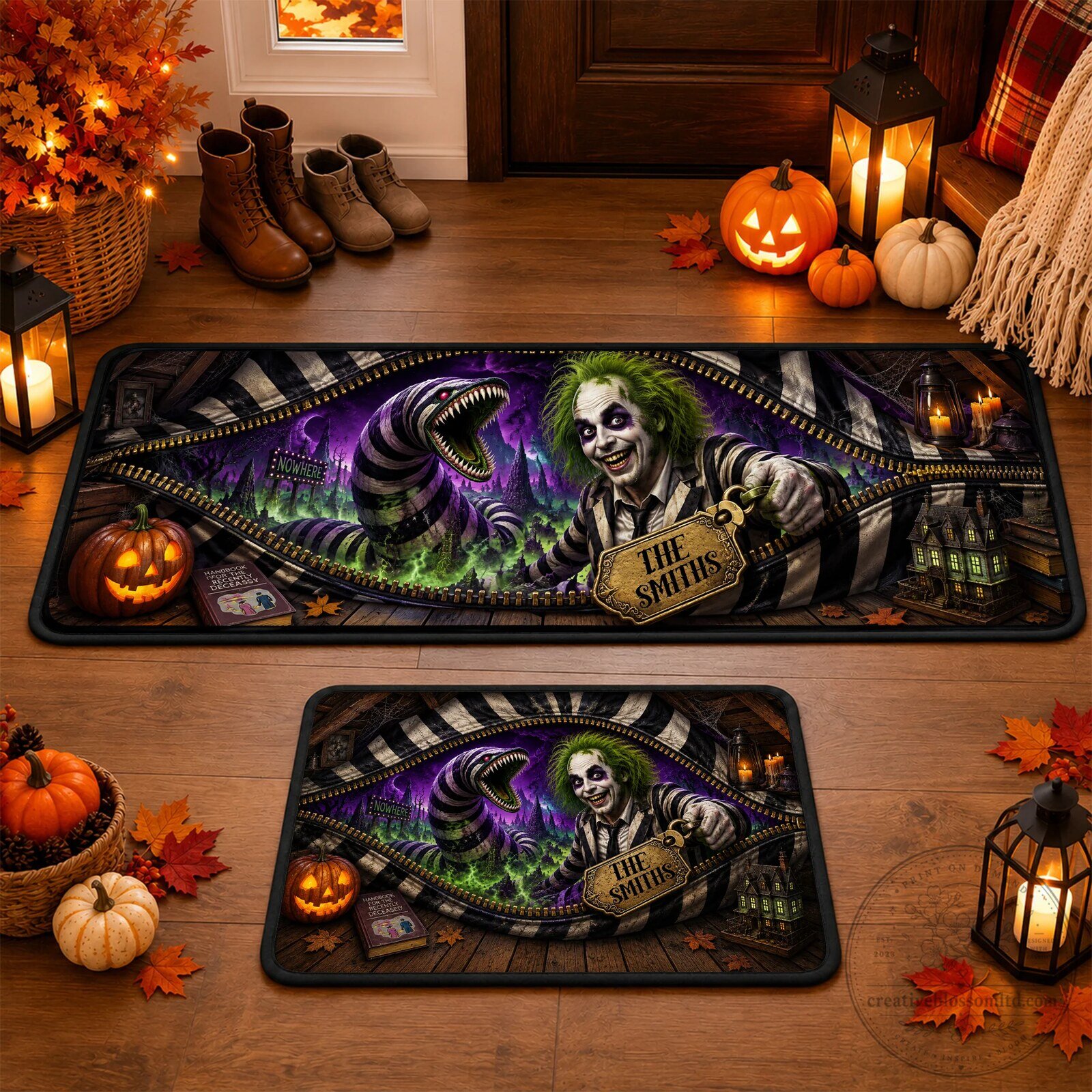 Beetlejuice and Sandworm Halloween Horror Movie Welcome Doormat