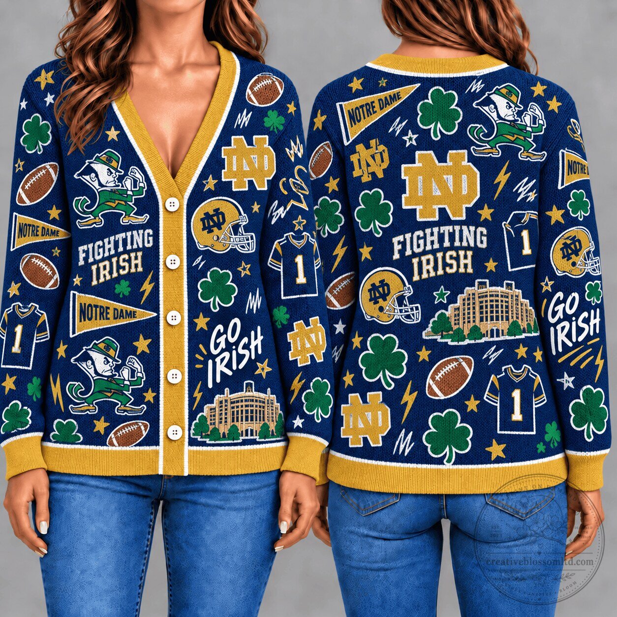 Notre Dame Fighting Irish Football Pattern Ugly Christmas Cardigan