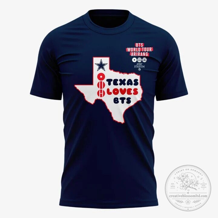 Navy T-Shirt for BTS Arirang World Tour at AT&T Stadium, Texas Loves BTS 8 Navy T-Shirt for BTS Arirang World Tour at AT&T Stadium, Texas Loves BTS