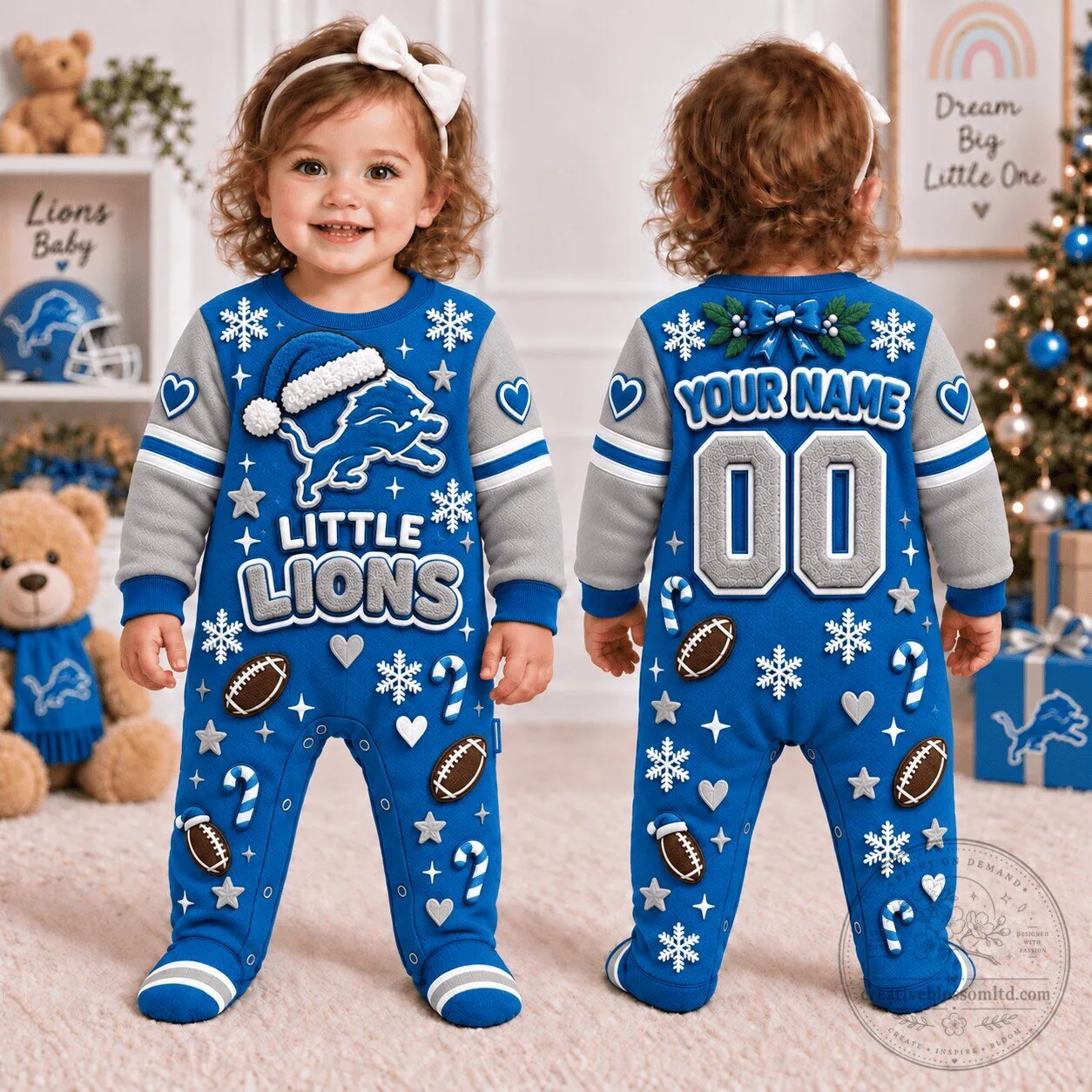 Detroit Lions NFL Christmas Little Lions Baby Footed Romper