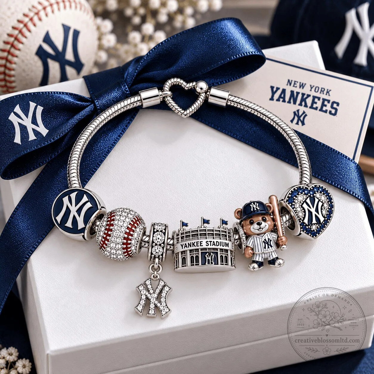New York Yankees Baseball Charm Bracelet with Yankee Stadium and Bear Charms