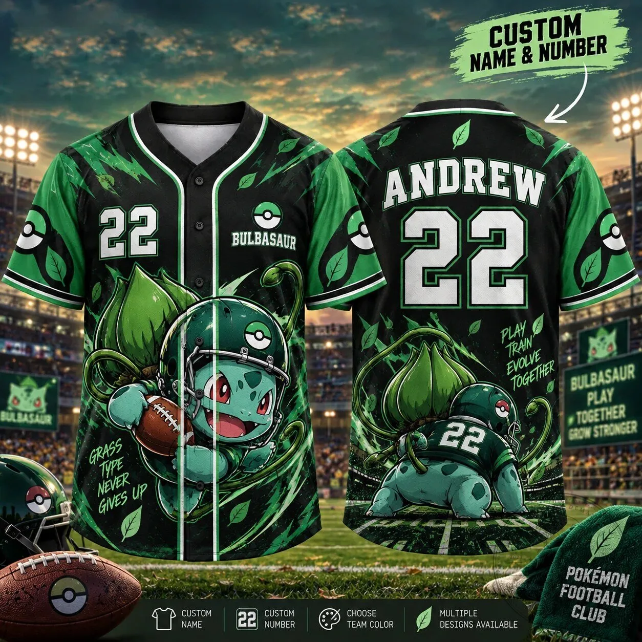 Bulbasaur Pokemon Football Club Baseball Jersey Custom Name and Number