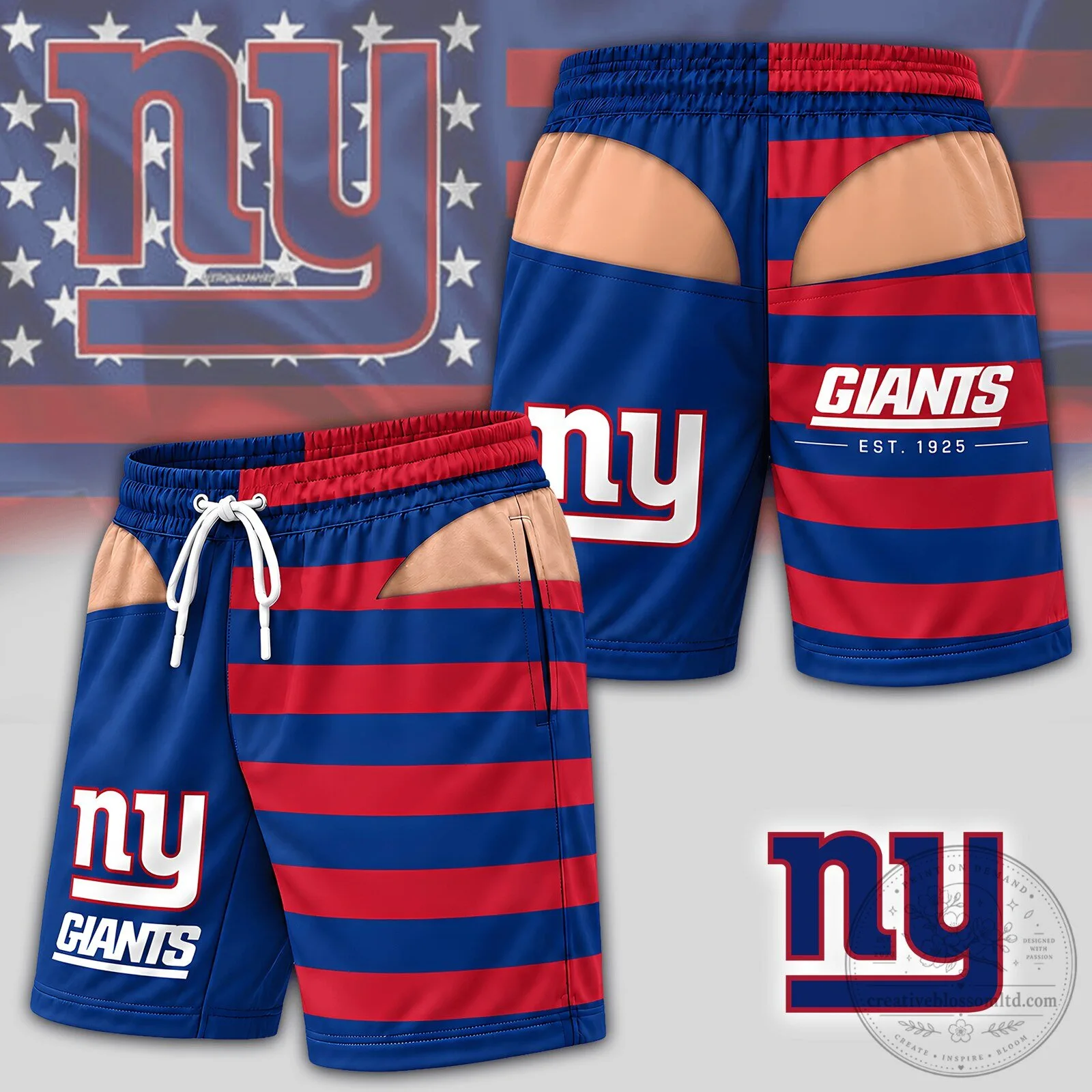 New York Giants NFL Team Logo Stripes Pattern Blue Red Beach Shorts