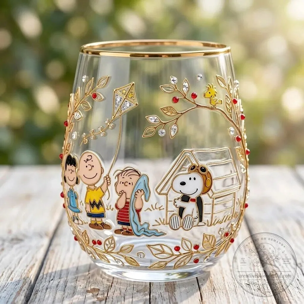 Snoopy and Friends Peanuts Cartoon Stemless Wine Glass with Gold Rim
