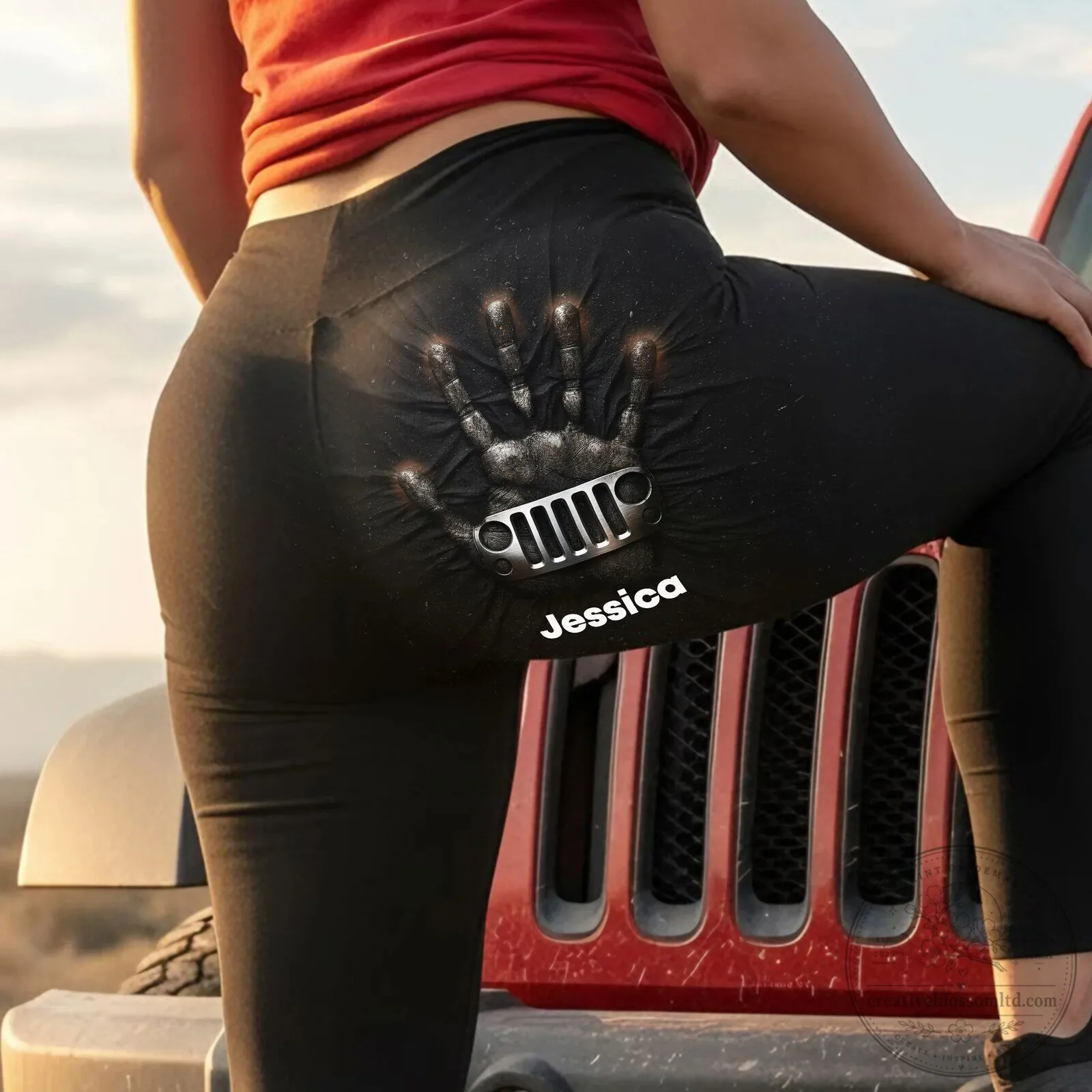 Personalized Jeep Grille Handprint Black Leggings for Women
