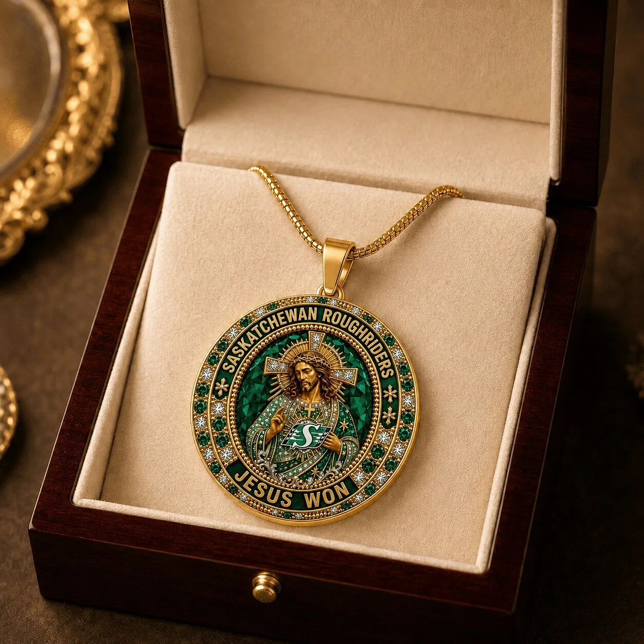 Saskatchewan Roughriders Jesus Won Gold Plated Medallion Necklace