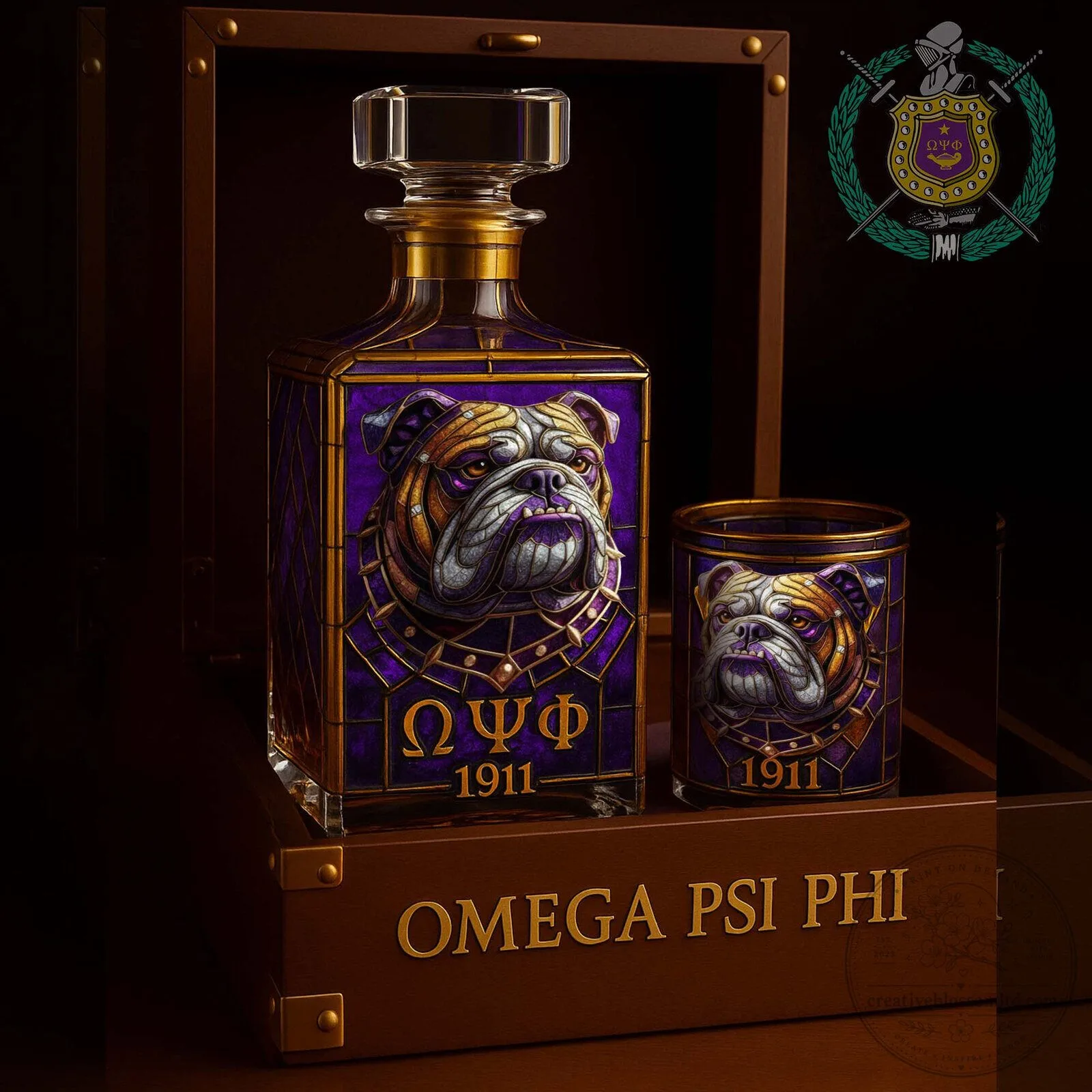 Omega Psi Phi Bulldog Decanter and Whiskey Glass Set