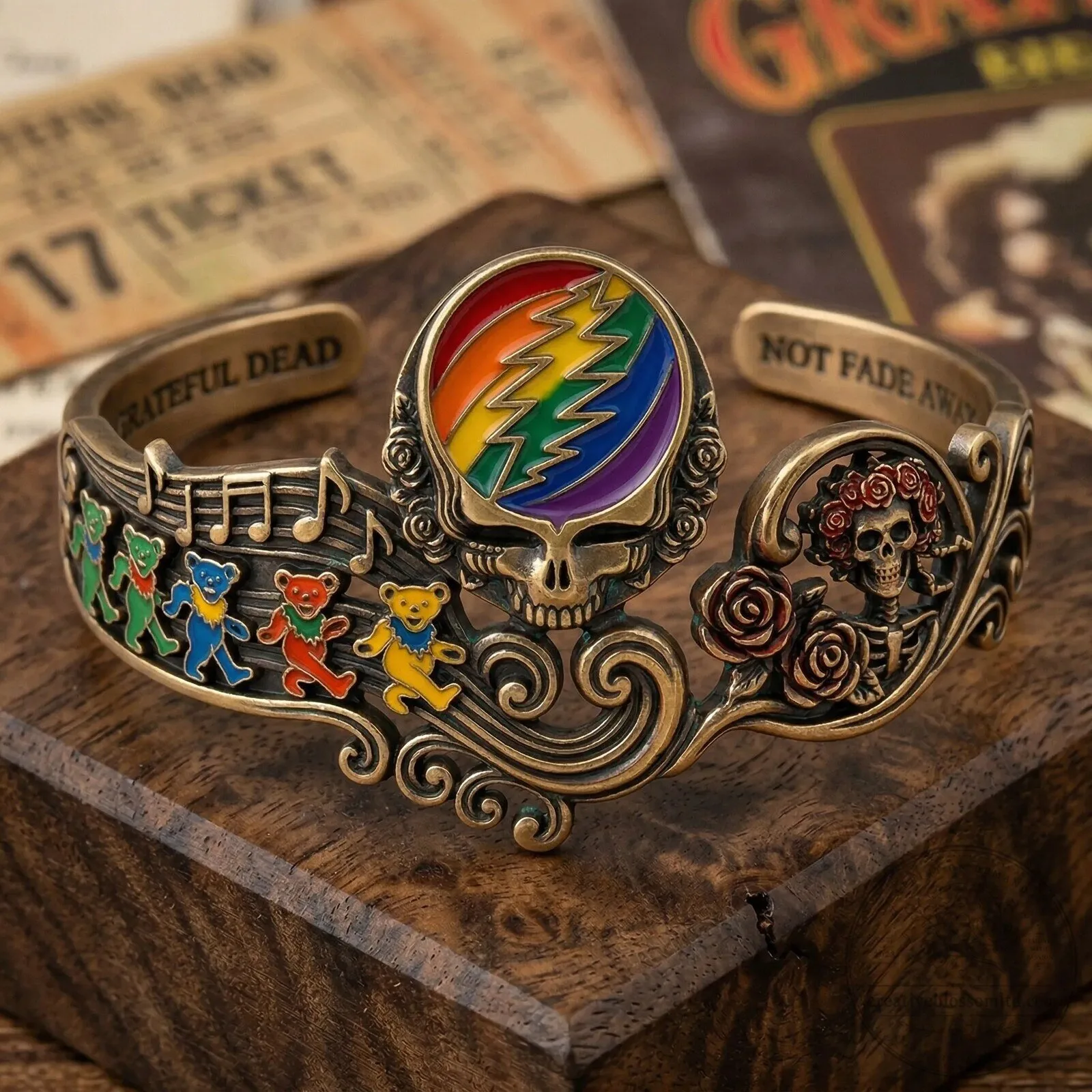 Grateful Dead Rainbow Steal Your Face Skull and Dancing Bears Cuff Bracelet