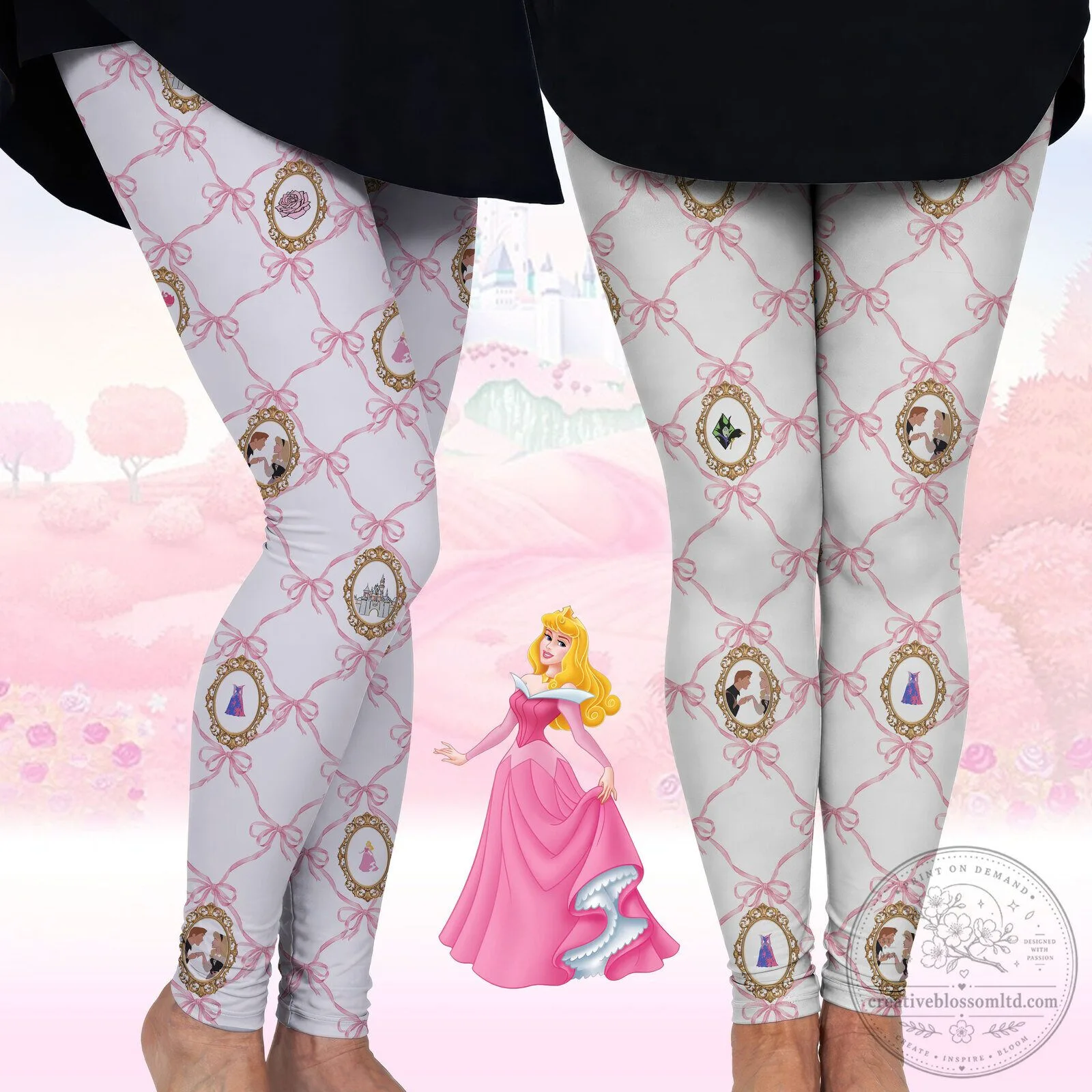 Women's Leggings with Pink Bows Pattern featuring Sleeping Beauty Princess Aurora Design