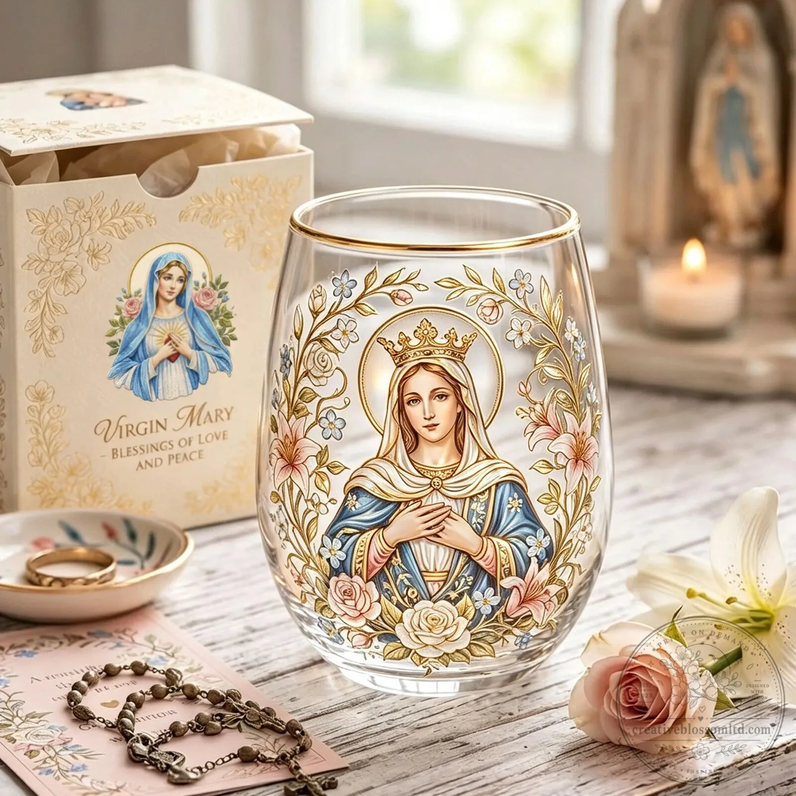 Virgin Mary Blessings of Love and Peace Stemless Drinking Glass