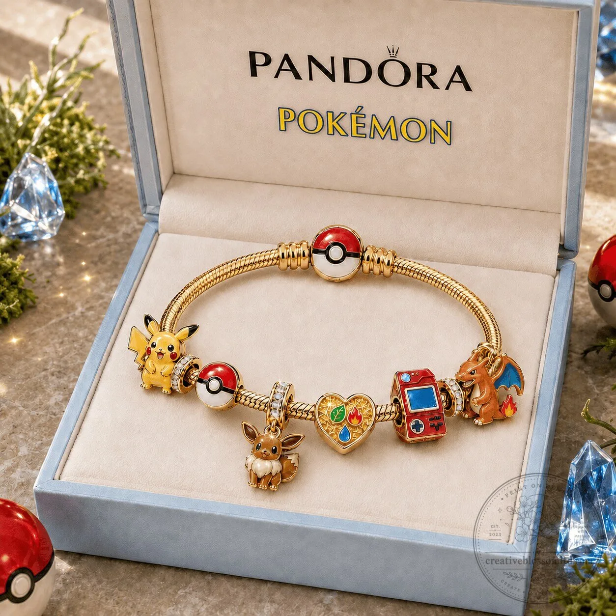 Pokemon Gold Plated Charm Bracelet with Pikachu, Eevee, and Pokeball Charms
