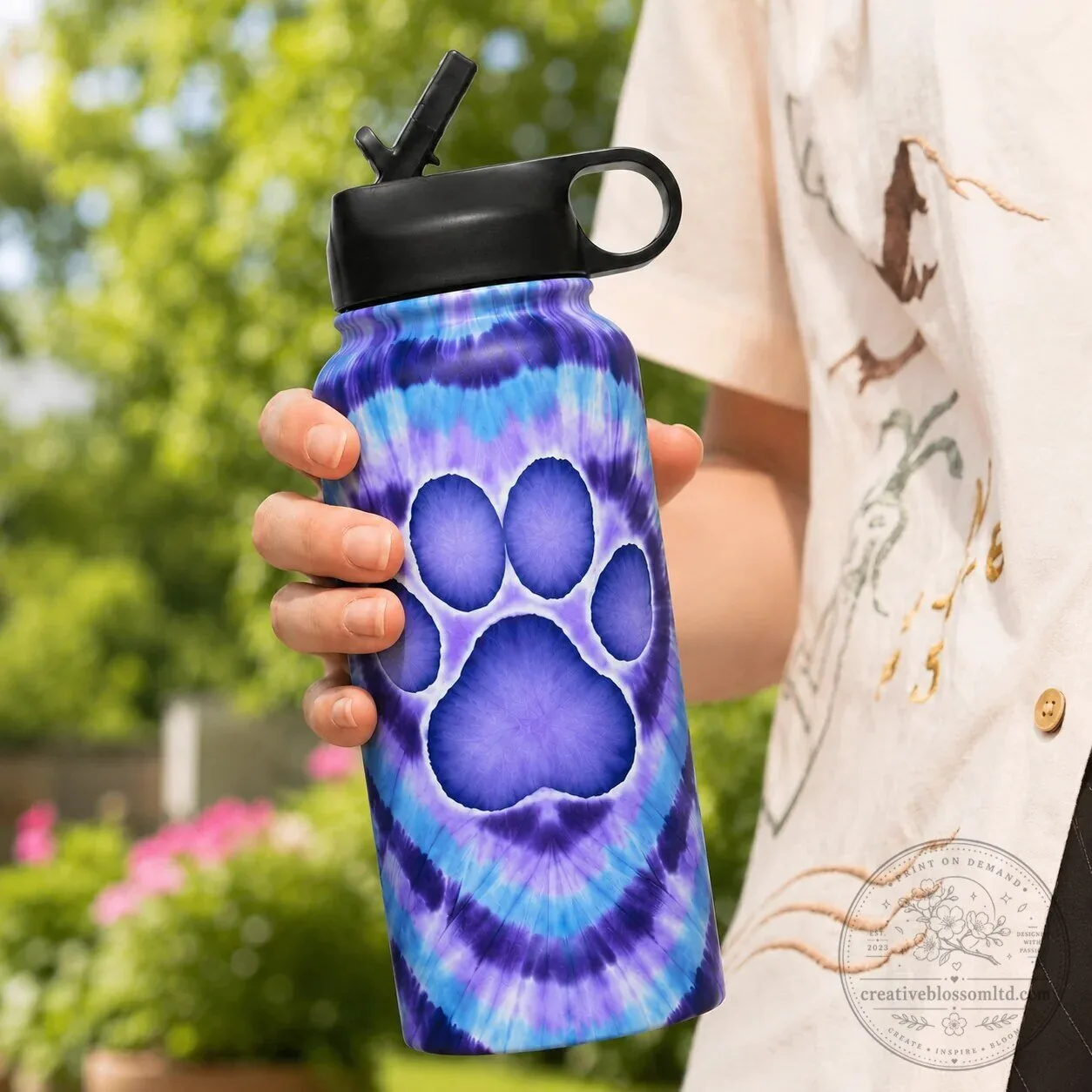 Tie-Dye Pet Paw Print Insulated Water Bottle with Straw Lid