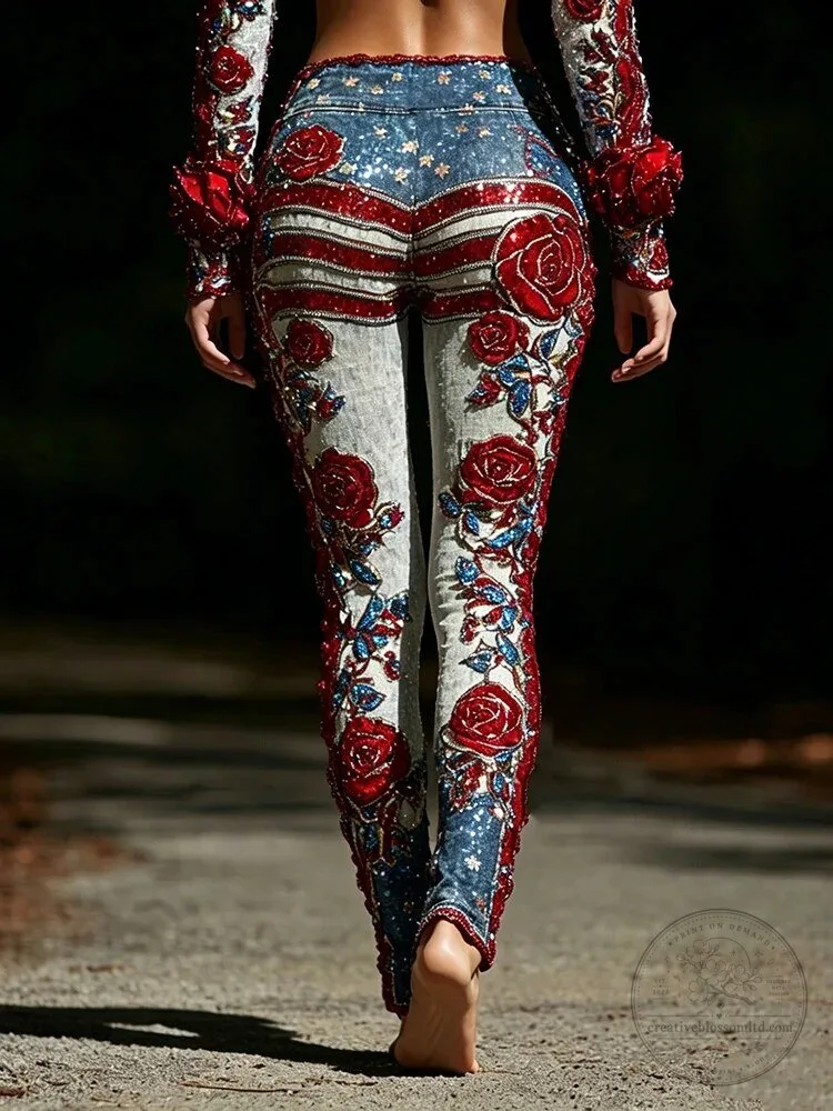 Women's American Flag Sequin Rose Embroidered Skinny Leggings