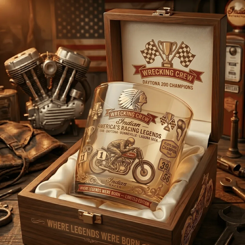 Indian Motorcycle Wrecking Crew America's Racing Legends Drinking Glass Indian Motorcycle Wrecking Crew America's Racing Legends Drinking Glass
