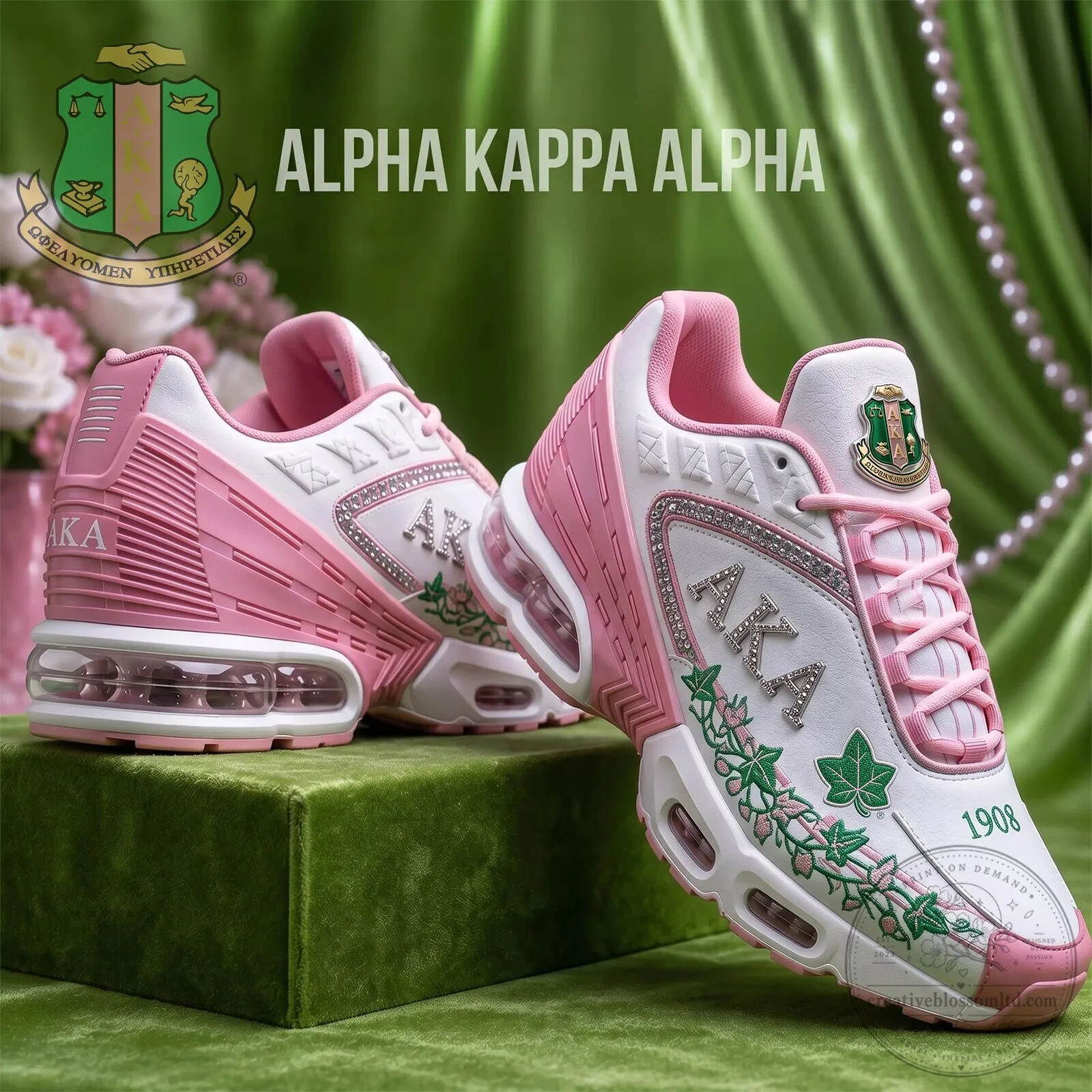 Alpha Kappa Alpha Sorority Pink and Green Diamond Embellished Sneakers