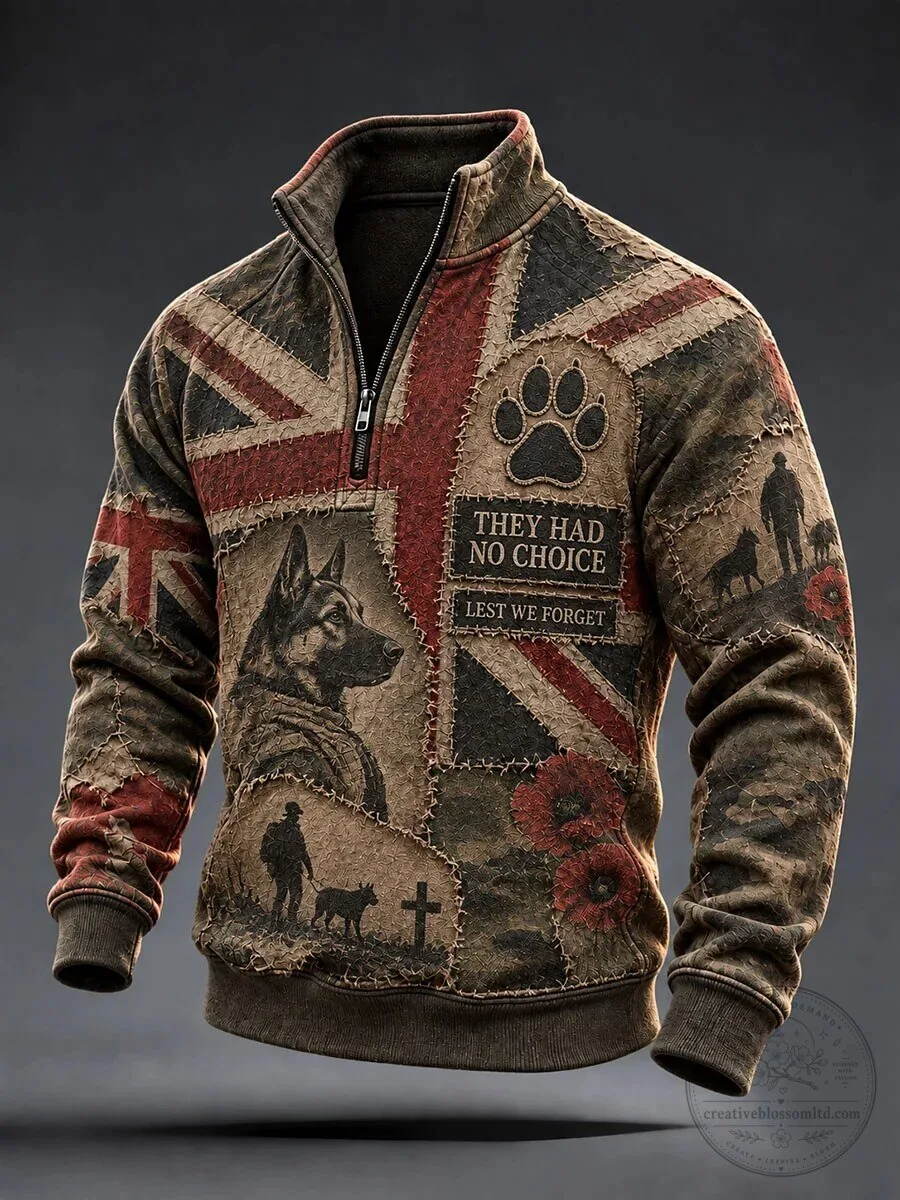 Lest We Forget Military Dog and Union Jack Patchwork Quarter-Zip Sweatshirt