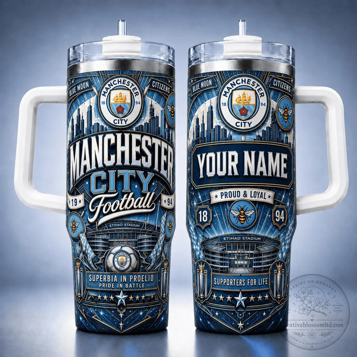 Personalized Stainless Steel Tumbler with Handle for Manchester City Football Club Fans
