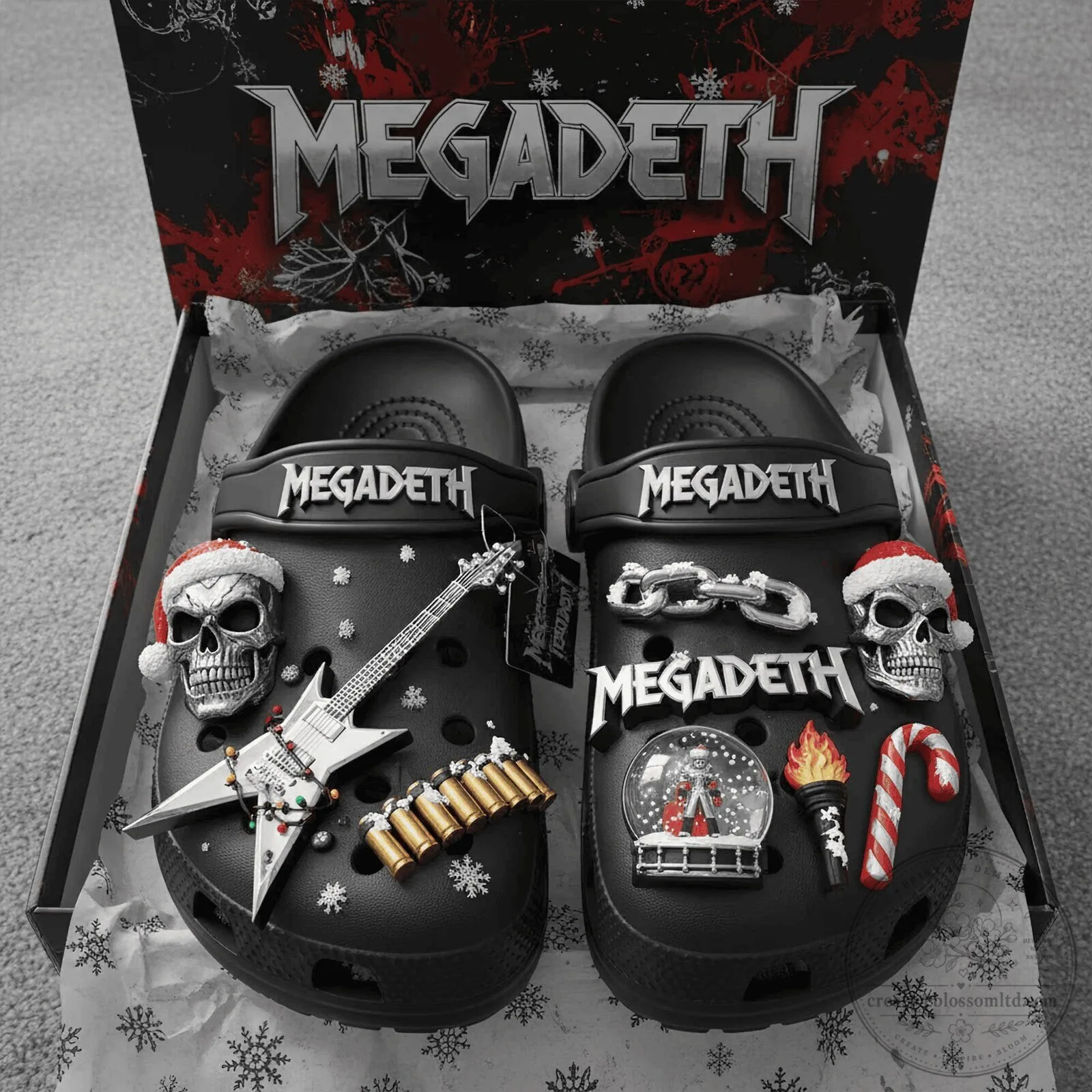 Megadeth Heavy Metal Band Black Clogs with Christmas Skull Charms