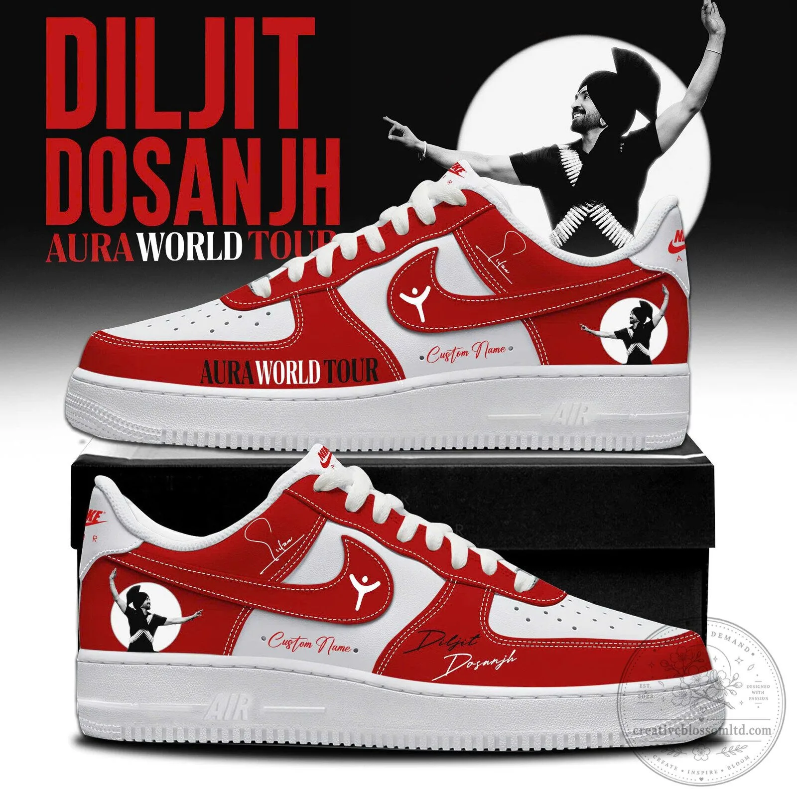 Diljit Dosanjh Aura World Tour 2026 Custom Name Red and White Sneakers