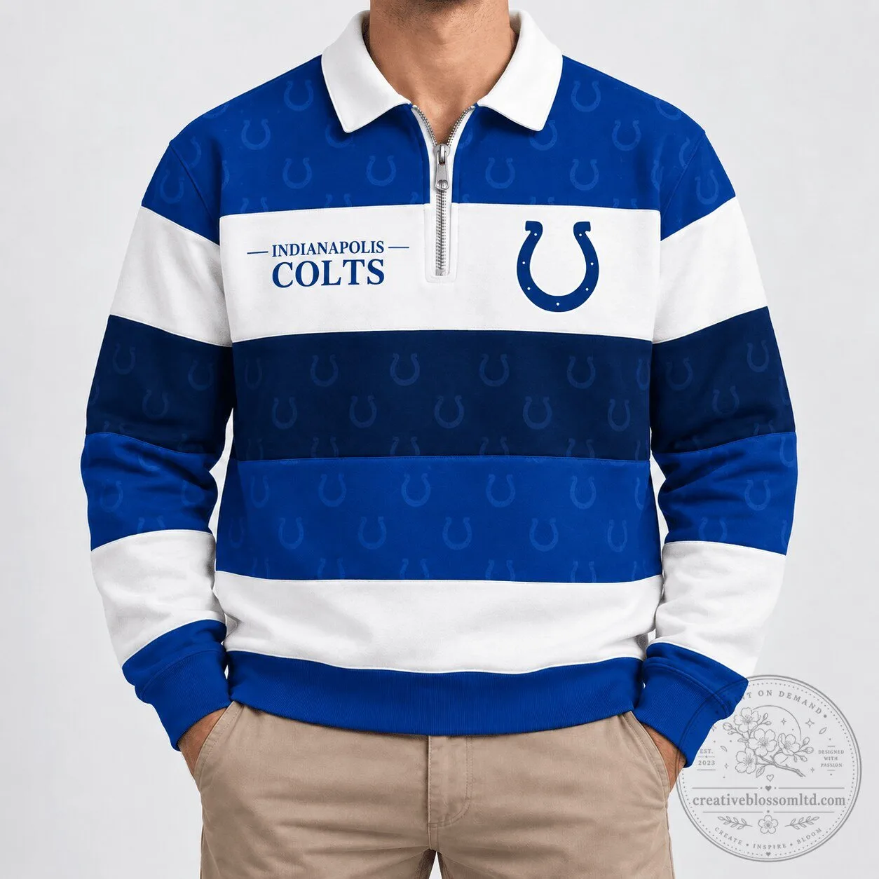 Indianapolis Colts Football Team Quarter-Zip Striped Long-Sleeve Polo Shirt