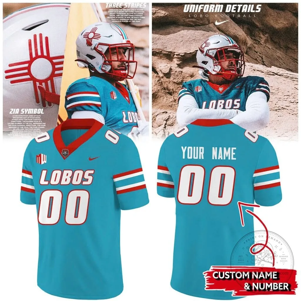 New Mexico Lobos Turquoise Custom Name and Number Football Jersey