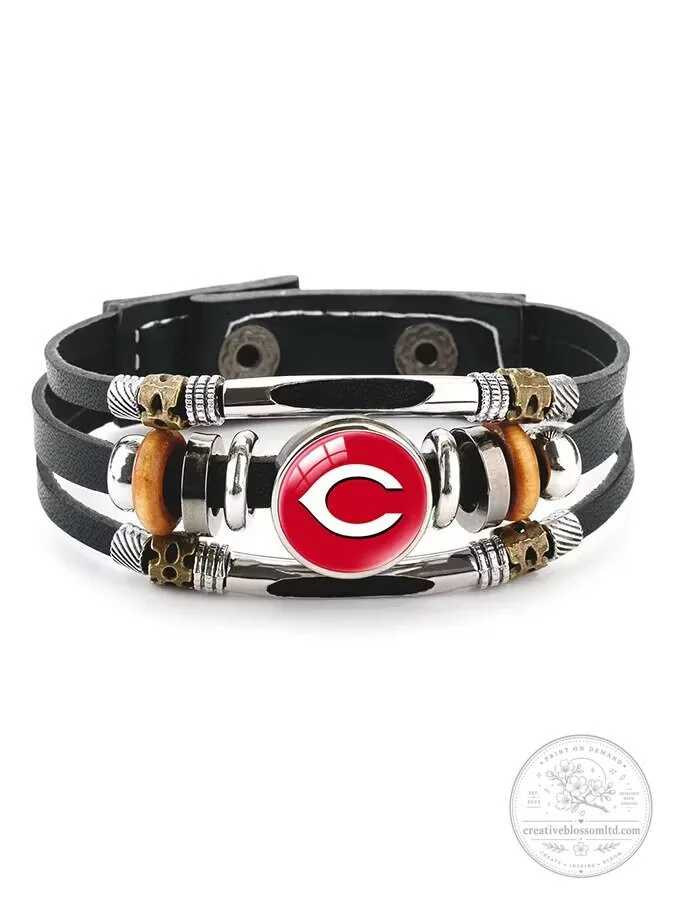 Cincinnati Reds Baseball Team Logo Leather Charm Bracelet