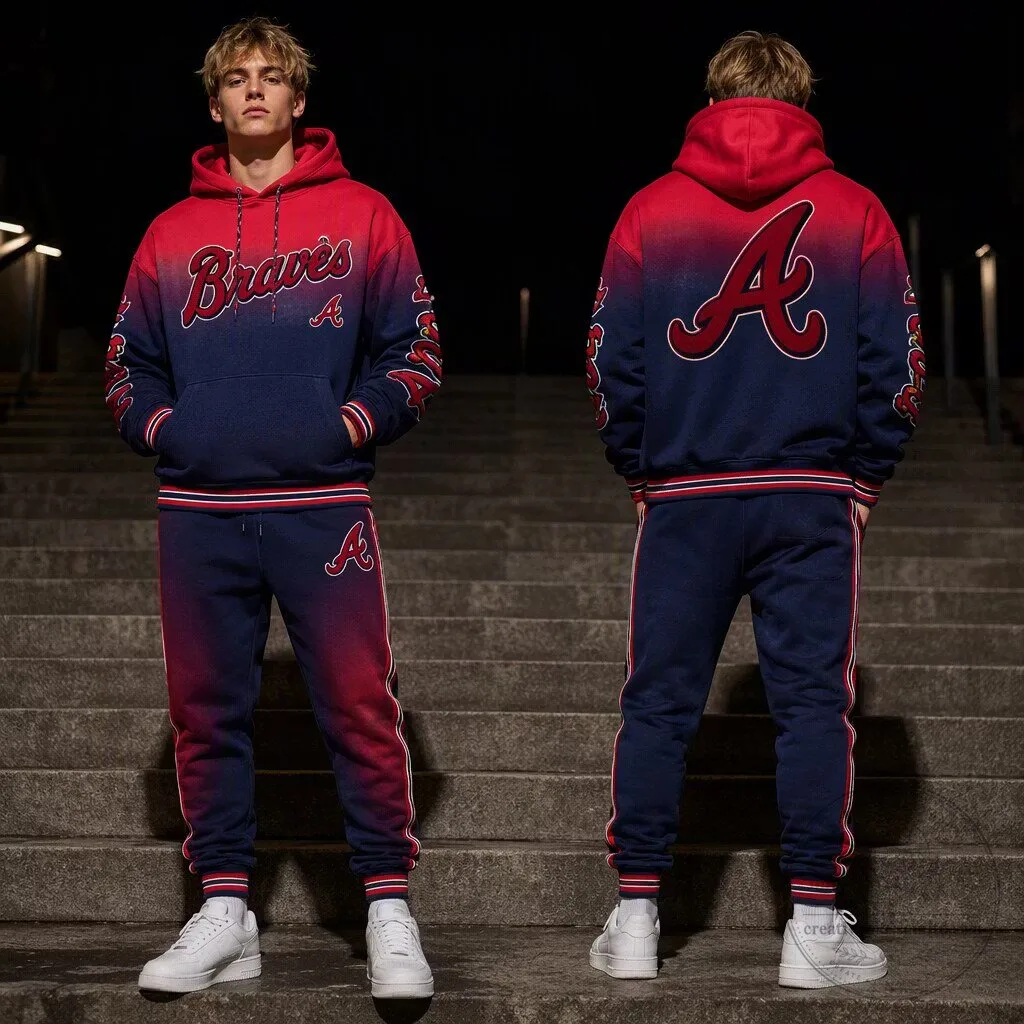 Atlanta Braves Red Navy Gradient Hoodie Sweatshirt