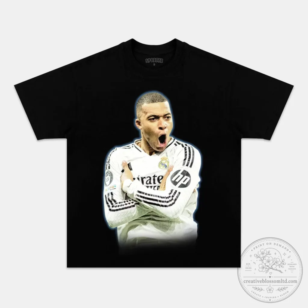 Kylian Mbappé Soccer Player Portrait Graphic Black T-Shirt Kylian Mbappé Soccer Player Portrait Graphic Black T-Shirt