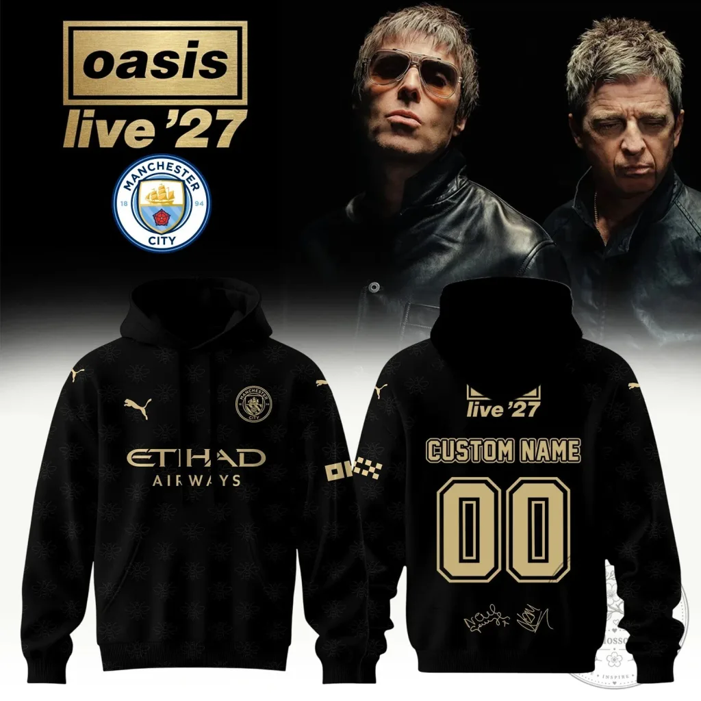 Oasis Live '27 Manchester City Football Club Black Custom Name Hoodie Oasis Live '27 Manchester City Football Club Black Custom Name Hoodie