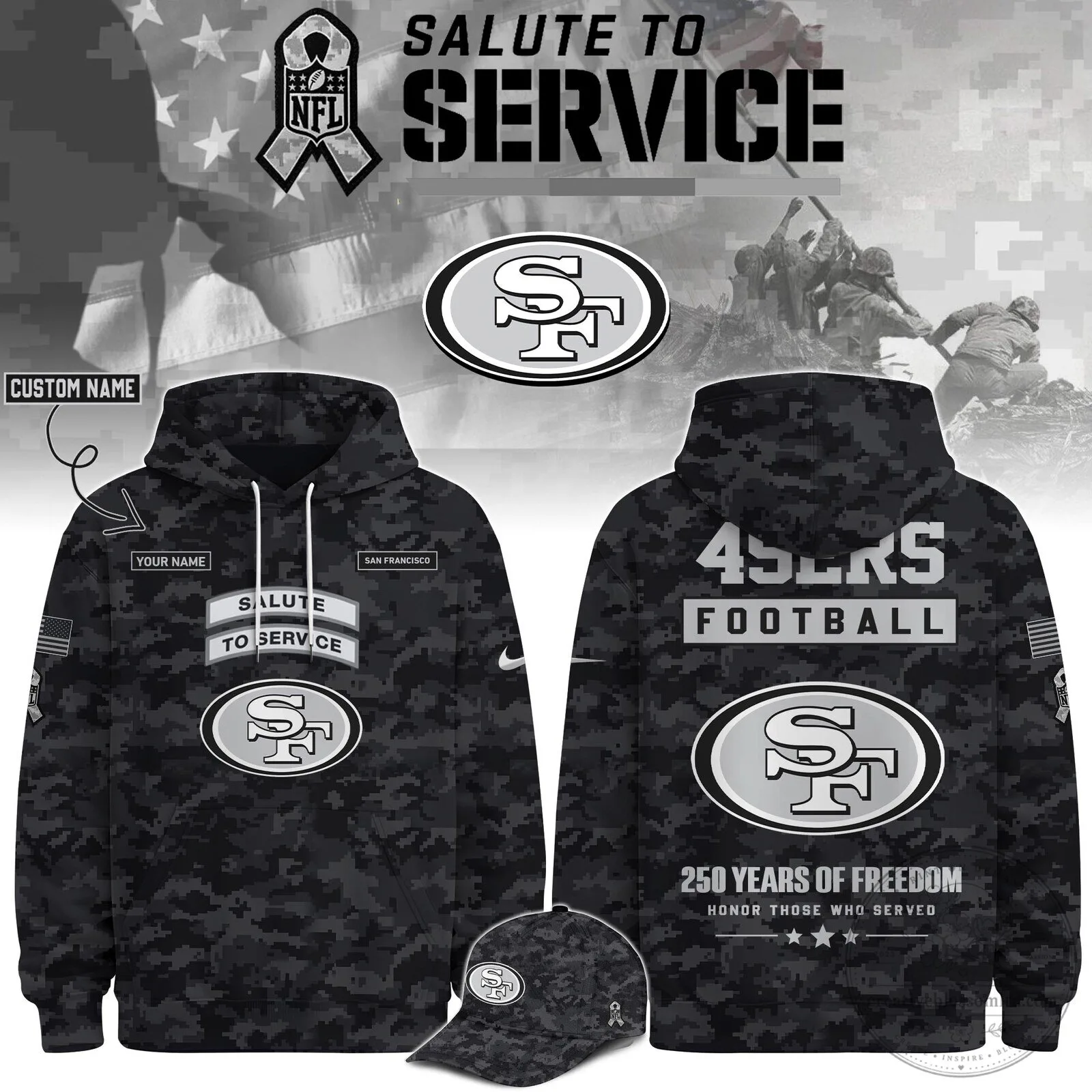 San Francisco 49ers Salute To Service Custom Name Football Hoodie