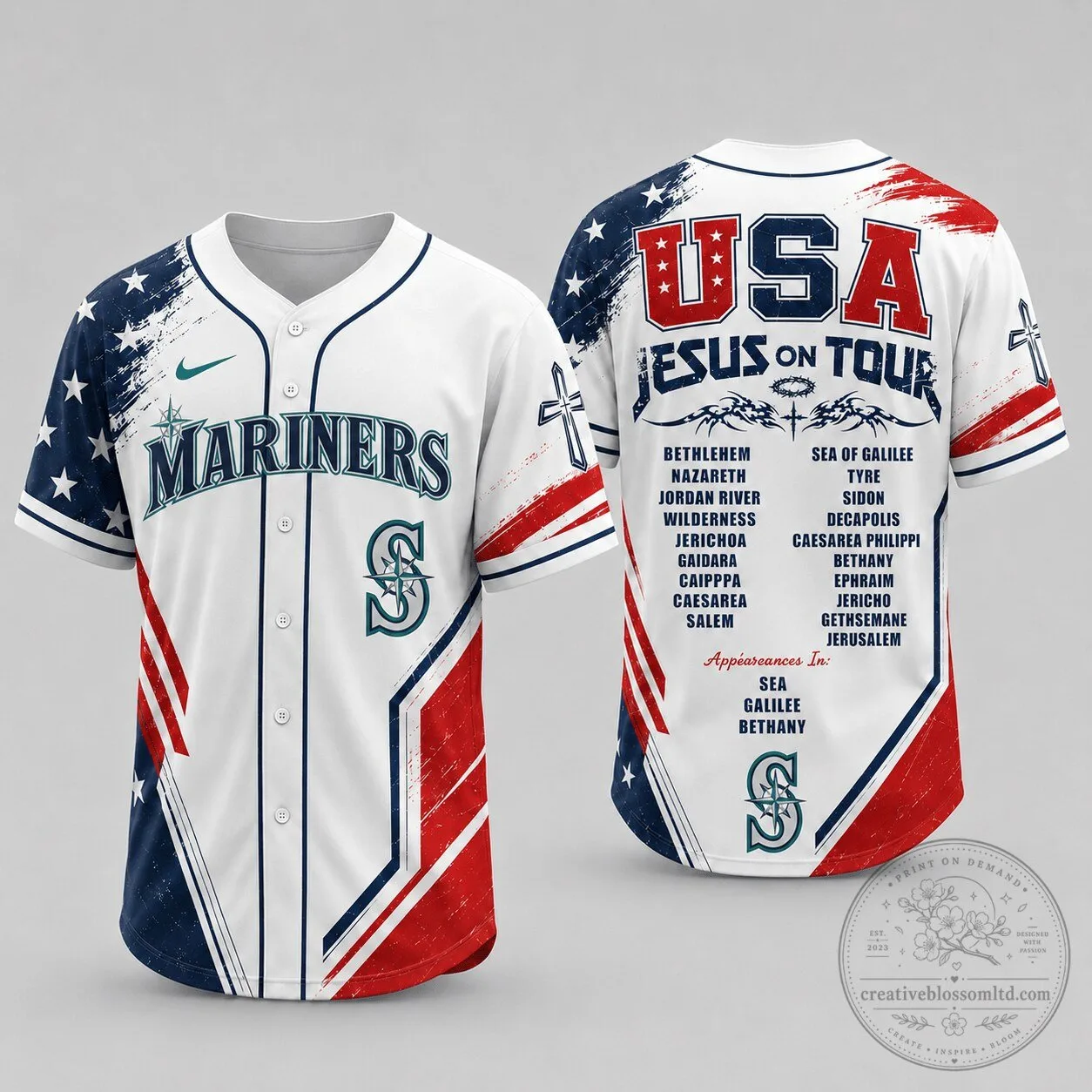 Seattle Mariners Baseball Jesus On Tour USA Flag Patriotic Baseball Jersey