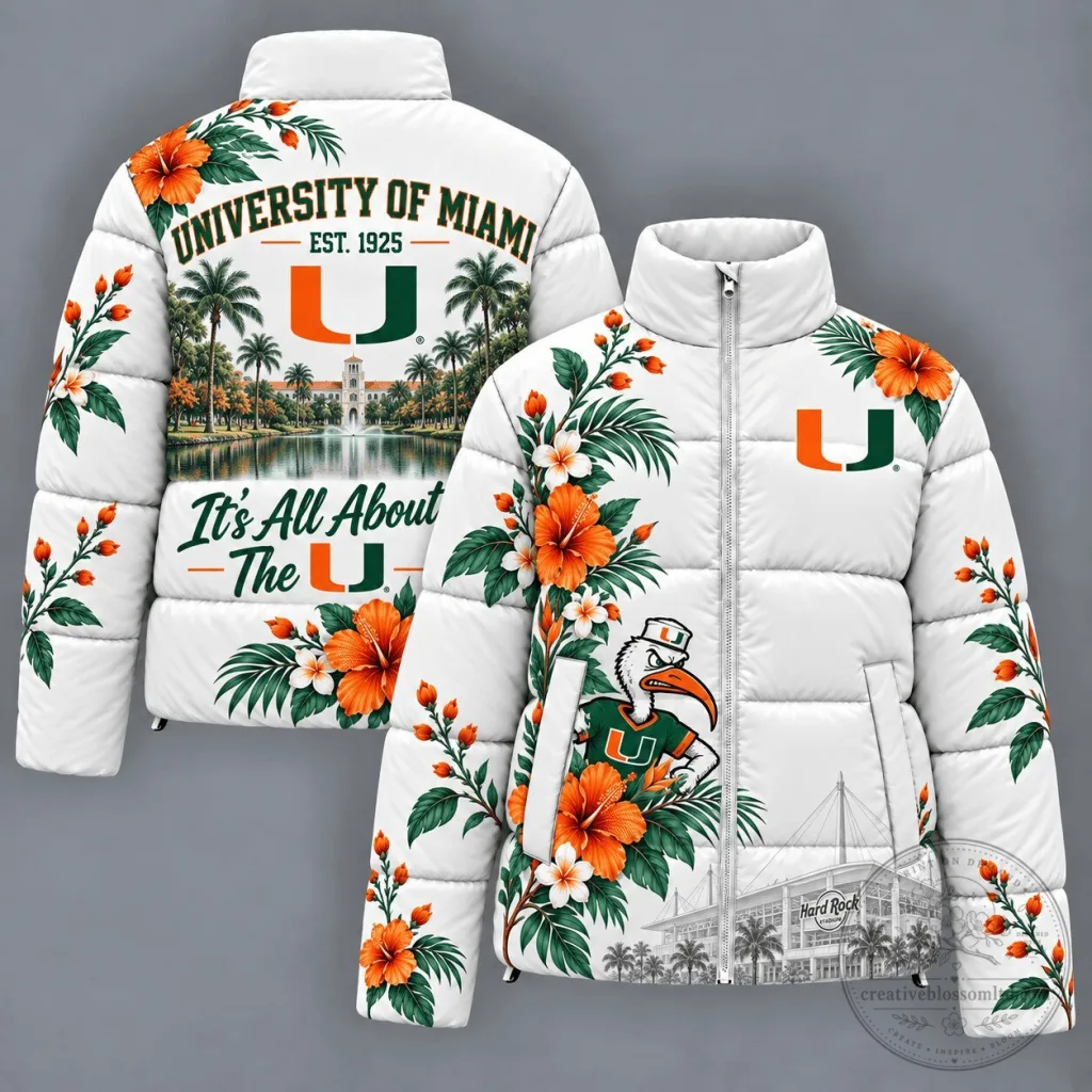 University of Miami Hurricanes Football Mascot Hard Rock Stadium Puffer Jacket University of Miami Hurricanes Football Mascot Hard Rock Stadium Puffer Jacket