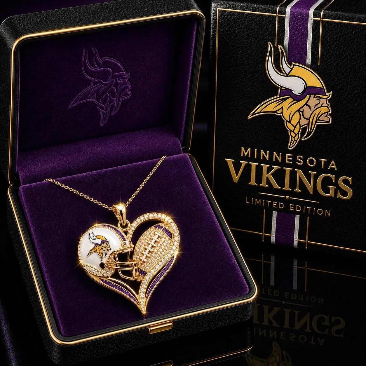 Minnesota Vikings Heart Shaped Football Helmet and Ball Gold Pendant Necklace
