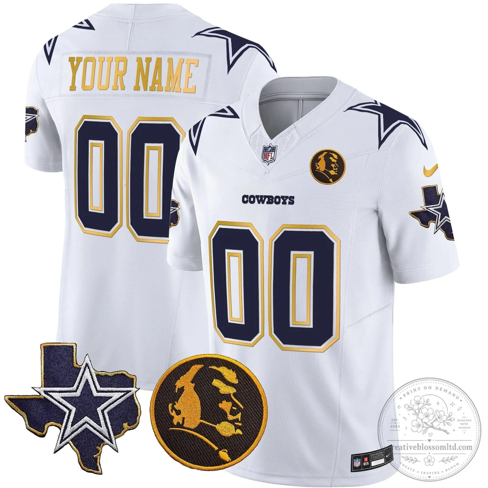 Custom Vapor Football Jersey with Gold Trim and John Madden Patch - Dallas Cowboys 18 Custom Vapor Football Jersey with Gold Trim and John Madden Patch - Dallas Cowboys